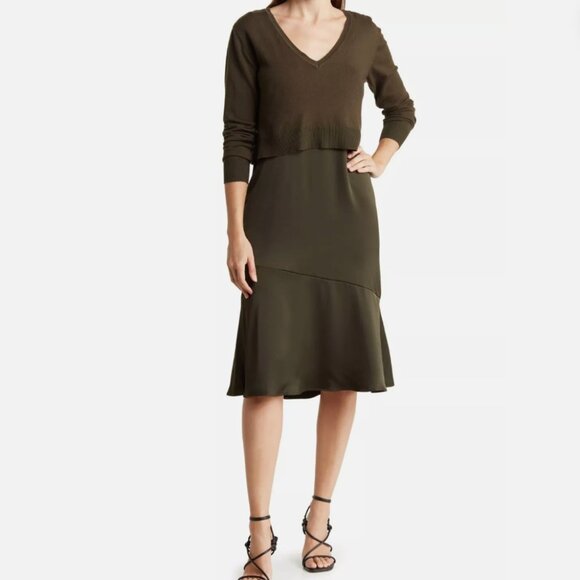 NWT Sam Edelman Olive Slip Dress with Crop Sweater Green Dress Green Sweater - Picture 1 of 9